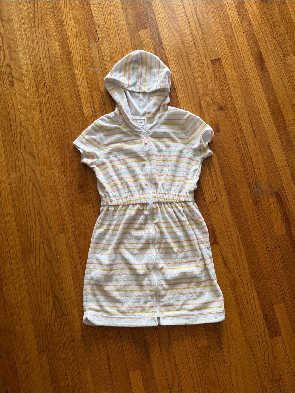 Carter's White Hooded Terry beach dress with Pastel Stripes